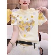 Knock Good @ Pure Cotton Printing+Hot Diamonds Western Style Unique Short-Sleeved T-Shirt Women Slim