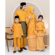 〔 SET FAMILY MUSTARD 〕 Baju Melayu + Kurung Moden Songket Bunga Tabur Corak Printed