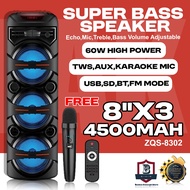 ZQS8302 Portable Tower 8 inch x 3 Speaker System Outdoor Portable Bluetooth Speaker with Wireless Mi