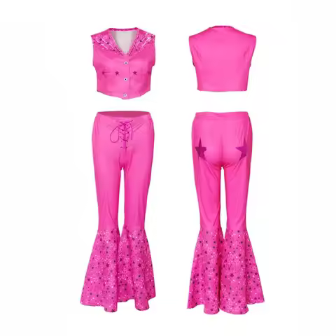 AA wat Lovely Cowgirl Suit Pink Vest Top Flared Pants Adult and Kids Margot Robbie Cowboy's Look Gir