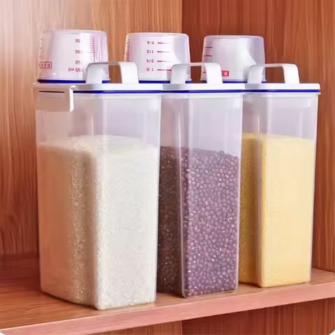 1Pc Sealed Cereal Insect-Proof Rice Bucket with Measuring Cup Transparent Rotary Food Moistureproof 