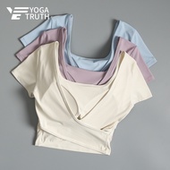 【YOGATRUTH】(Fixed Padded) Woman Leisure Short Sleeve Low Back Cross Hem Crop Top Gym Dancing
