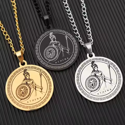 MYTHOS War Goddess Athena Round Pendants Necklace Medusa Shield Vintage Stainless Steel Men Pendant 