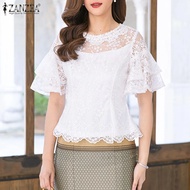 Celmia ZANZEA เสื้อผู้หญิงขอบแต่งระบายคอกลมหรูหราสไตล์เกาหลีเสื้อสวมศีรษะลูกไม้ #0616