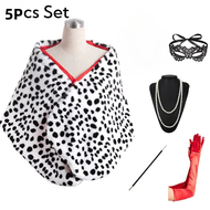Womens Cruella Deville 6 Pieces Short Dalmatian Print Shawl Red Gloves Pearl Necklace Halloween Cost