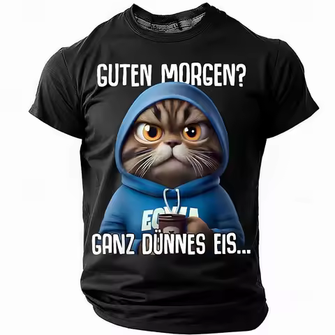 Men's Funny German Cat T-shirt Guten Morgen Ganz Dünnes Eis Graphic Print Short Sleeve Tee Casual Hu