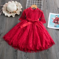 2024 Girls Costume Lace Princess Dress For Girl Long Sleeves Spring Dresses 3-8 Yrs Children Birthday Party Red Casual Clothing