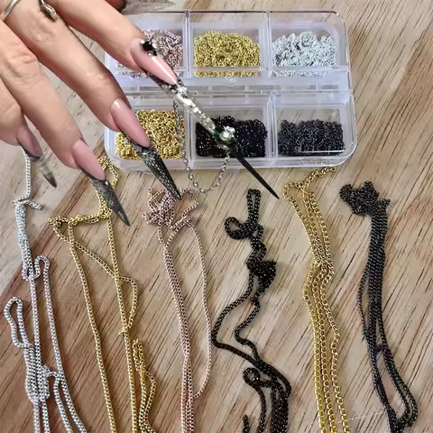 1Box 3D Punk Metal Chain Nail Charms 50cm/19.68inch 6 Shapes in Gold/Silver/Black/Rose Gold DIY Nail