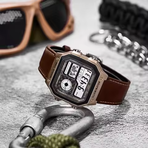 Casio AE-1200WHL-5A World Time Digital Watch 45mm Resin Case Genuine Leather Band 100M WR 10-Year Ba