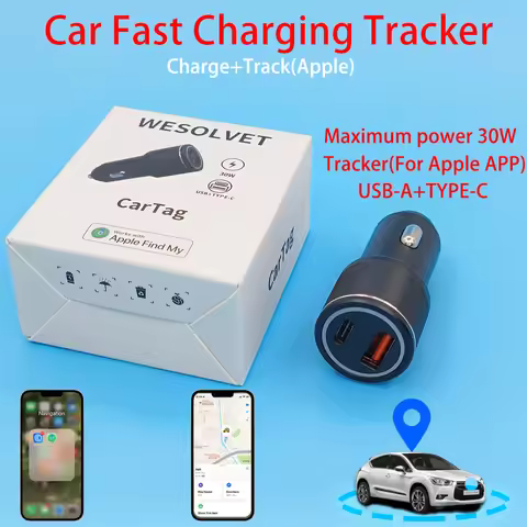 Car charger with positioning tracker for A pple Find My USB-A TYPE-C Max 30W Output 5V 9V 12V Phone 