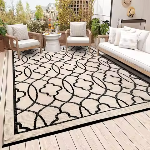 Reversible Outdoor Rugs 9x12 Feet - Waterproof, Portable for Patio, RV, Garden, Beach, Camping (Blac