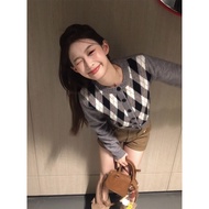 YUEZHONGWEI | Gray Argyle Round Neck Sweater Cardigan