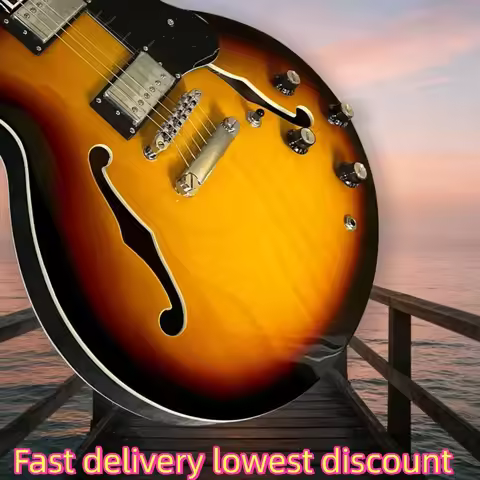 335‑Style 6 String Semi Hollow Electric Guitar Sunburst Finish F Hole HH Humbucker Pickups Black Pic