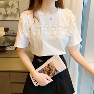 Cash commodity and quick delivery2024Summer New Korean Style Beaded Lace Lace-Collared Blouse Women Loose Slimming and All-Matching Fashionable Short SleeveTWomen's T-shirt