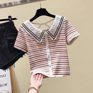 Western Style Age-Reducing Lace Doll Collar Striped Half-Sleeved T-Shirt Women Summer Korean Version Slim-