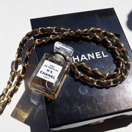 Chanel vintage香奈兒復古經典金黑穿皮鏈中性款5號香水瓶項鍊