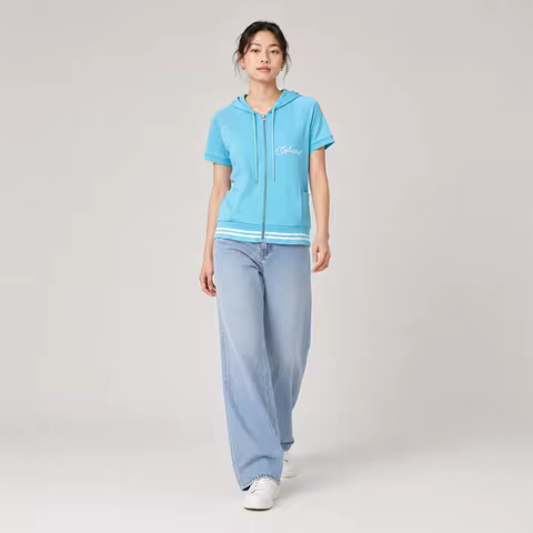 Women's Blue Cropped Hoodie Short Sleeve Zip Front Jacket Y2K Vintage Rhinestone Detail Casual Sport