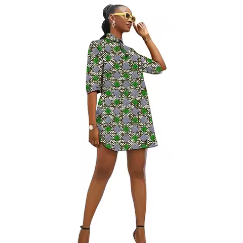 Elegant African Print Shirt Dress Trendy Print Turn Down Collar Ankara Dress Half Sleeve Women’s Par
