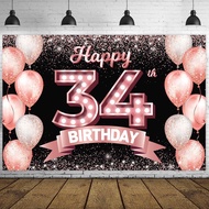 Happy 34th Birthday Rose Gold Banner Backdrop Cheers to 34 Years Old Confetti Balloons Theme Decor D
