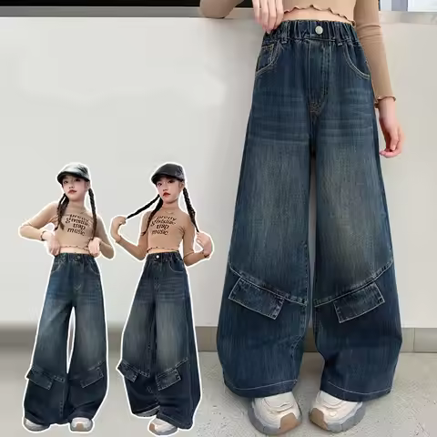 Kids Straight Jeans for Girl Solid Color Spring Autumn Retro Brief Style Denim Pants Child Elastic W