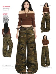 Quần Jeans Denim Camouflage Rách Retro American Style Cho Nữ Quần Ống Rộng Dài Đến Sàn Mùa Thu Thiết