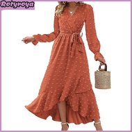 Long Sleeve Maxi Dress for Women V Neck Dot Design Boho Wrap Dress Casual Flowy Slit Wedding Guest D