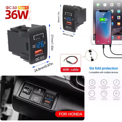 PD QC3.0 Dual Port Fast Phone Charger With LED Voltmeter Car USB Built-in Socket Adapter Usb Button
