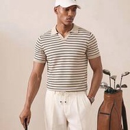 Men's Casual Striped Short Sleeve Knit Polo Shirt,Navy Blue Summer Knitted Top For Vacation Holiday 
