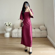 Benita Midi Dress Satin Gaun Gereja Natal Maroon Premium Mewah Panjang Wanita Cantik Casual Dress DR