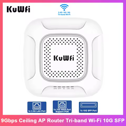 KuWFi Ceiling AP Router 9Gbps Tri-band Wi-Fi7 Signal Coverage with 10G SFP WAN 2.5G LAN Port High Pe