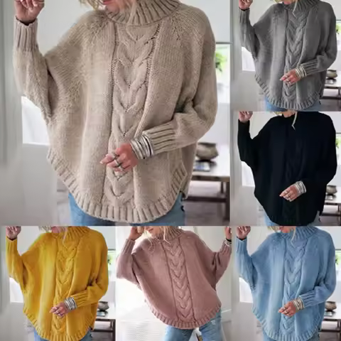 Vintage Cape Coat Autumn Winter Warm Batwing Sleeve Cape Coat Women Turtleneck Knit Sweater Poncho C