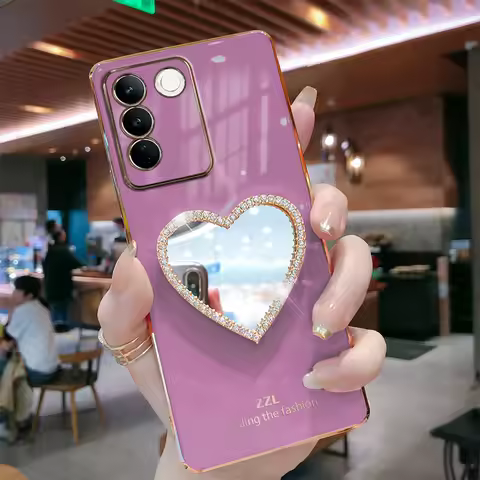 Glitter Heart Mirror Case For Vivo Y55 Y02 V23E V25 V25E V23 V21 V20 V21E Y76 Y76S Y73 Y75 Y72 Y52 Y