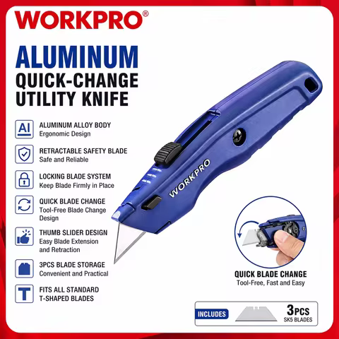 WORKPRO Premium carpet knife, full metal, blue Retractable universal knife, durable cutter knife wit