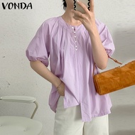 VONDA เสื้อผู้หญิงวินเทจคอกลมแขนสั้นพองหลวมเสื้อสีทึบ (ลำลองเกาหลี)