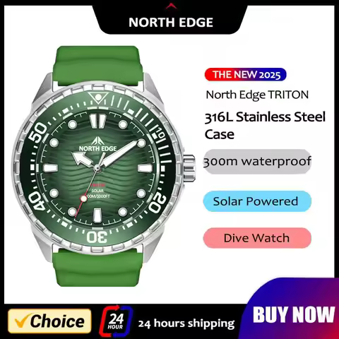NORTH EDGE 2026 Triton Men's Solar Powered Dive Watch Luxury Quartz 316L Stainless Steel Case Waterp