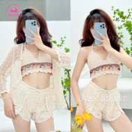 Đồ bơi nữ bikini 3 món ren móc quảng châu cổ V phong cách vintage đồ đi biển bikini kín đáo