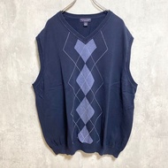 古著 ROUNDTREE & YORKE 菱形針織背心毛衣，V 領，超大號，海軍藍，XXXL 碼