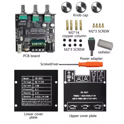 ZK-302T 5.1 Bluetooth Digital Power Amplifier Board 2.0 Stereo Treble Bass Stereo Audio AMP AUX USB 