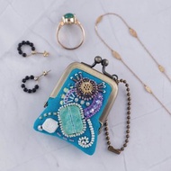 小巧珠飾刺繡零錢包 No.94 蔚藍×紗布 可作項鍊包包吊飾 飾品收納盒