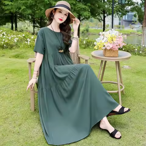 Elegant Floral Pleated H Shaped Midi Dress Female O-Neck Puff Sleeve Waist Ruched Y2K Dresses Women 