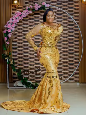 Exquisite Gold Lace Africa Mermaid Prom Dress Customized O-Neck Long Sleeves Sequine Evening Gowns S