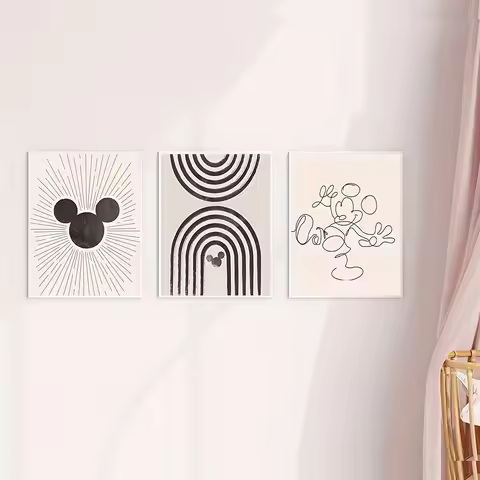Mickey Mouse Art Print Minimalist Mid Century Modern Posters Black Mickey Mouse Line Canvas Painting