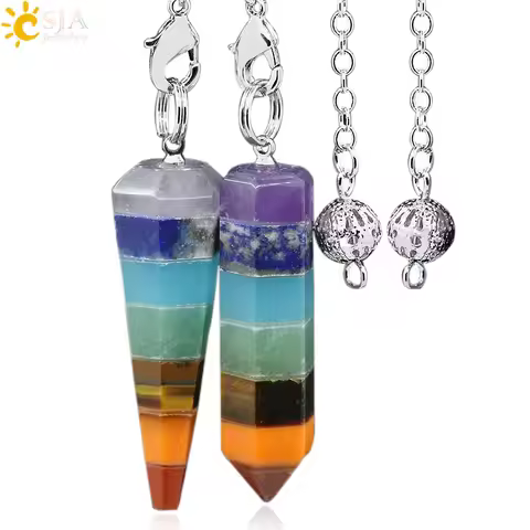 CSJA Reiki Charm Pyramid 7 Chakra Pendulum Natural Gem Stone Rainbow Layered Dowsing Healing Point P