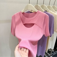 Womens Knitwear 2024 Summer New Versatile Slim Fit Bottom Shirt Slim Casual Top