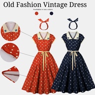 Mili Retro Dress Nostalgic Hong Kong Style Dress Free Hair Band 50s Narrow-Waist Vintage Polka Dot U