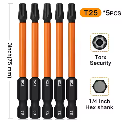 5Pcs T20 T25 Torx Screwdriver Bits 1/4 Inch 75mm Long Hex Shank Magentic Torx Bit Set S2 Steel Torx 