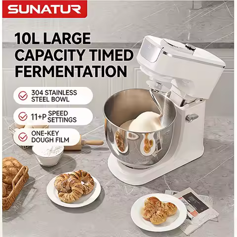 SUNATUR 10L Stand Mixer 2200W, 304 Stainless Steel Bowl, 11+P Speed Batidora, Timed Fermentation Dou