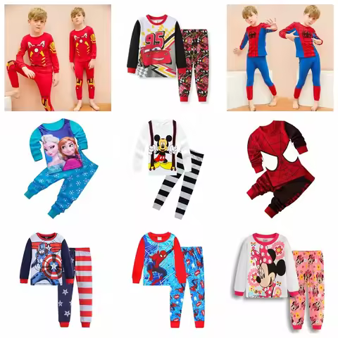 Boys Pyjamas Long Sleeve Cotton Cartoon Mickey Minnie Pajamas Girls Baby Pijama Suit Spiderman Sleep