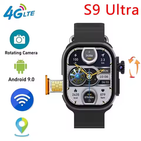 Android Smartwatch S9 Ultra 4G Network SIM Card 2.2 inch Amoled 180° Rotary Camera GPS WIFI Global C