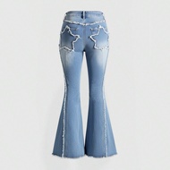 Y2K Baddie American Street Style Star Patch Frayed Hem Washed Skinny Flare Jeans
